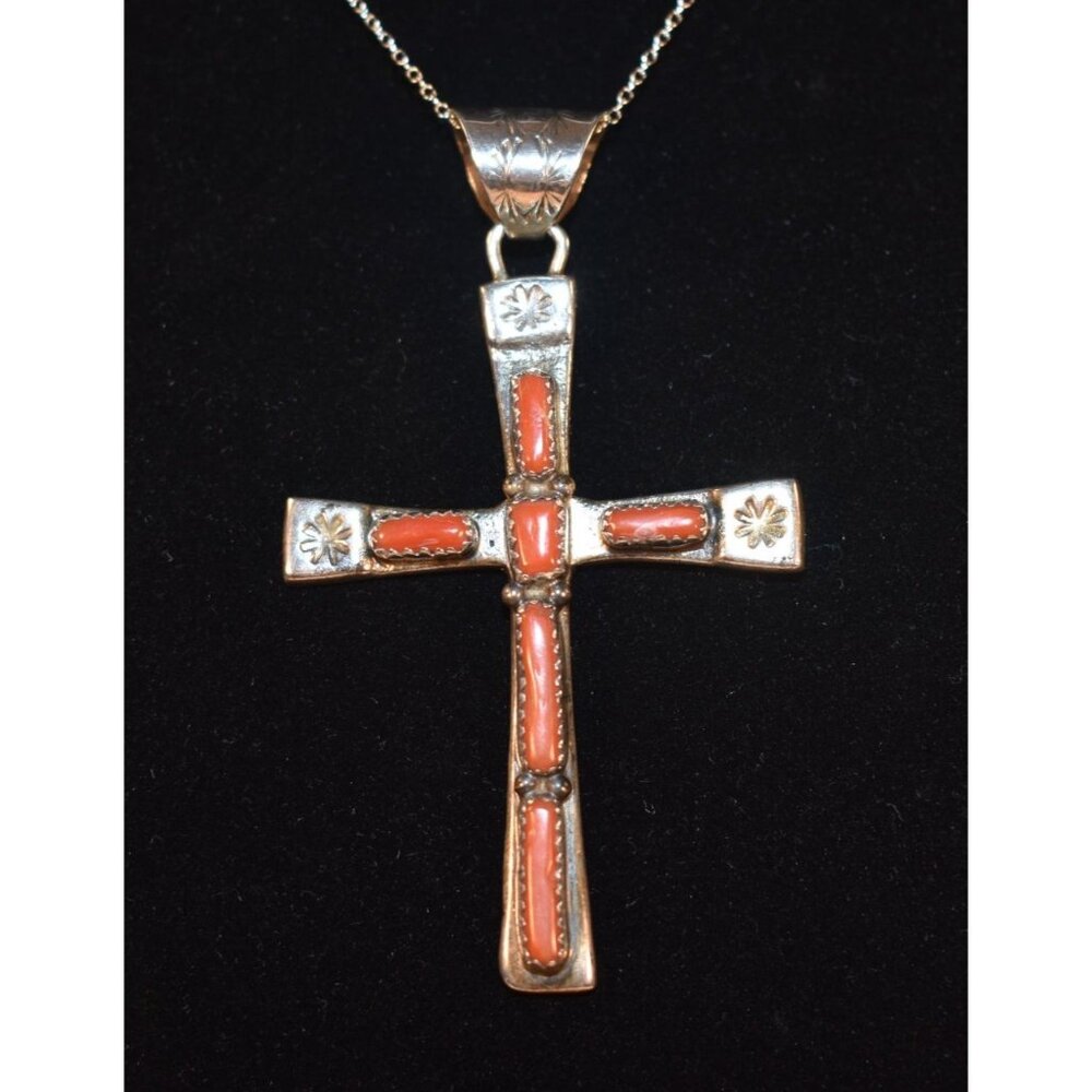 Vintage Zuni Cross Pendant 925 Sterling Silver Coral Signed C. Lule